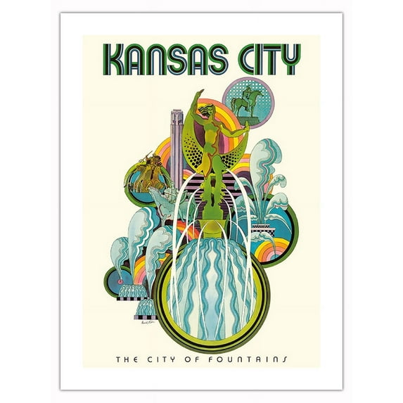 Kansas City - The City of Fountains - Vintage Travel Poster by David Klein c.1960s - Bamboo Fine Art 290gsm Paper Print (Unframed) 18x24in