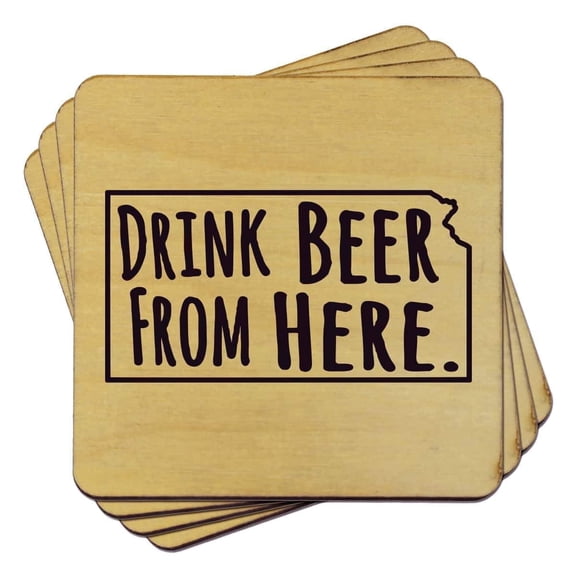 Torched Wood Drink Beer Coaster (Set of 4) Kansas Map 4"x4" Brown