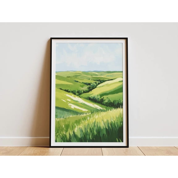 Kansas Flint Hills Landscape Green Pasture Minimalist Prairie Rural Landscape Farmhouse Poster Unframed Paper Print