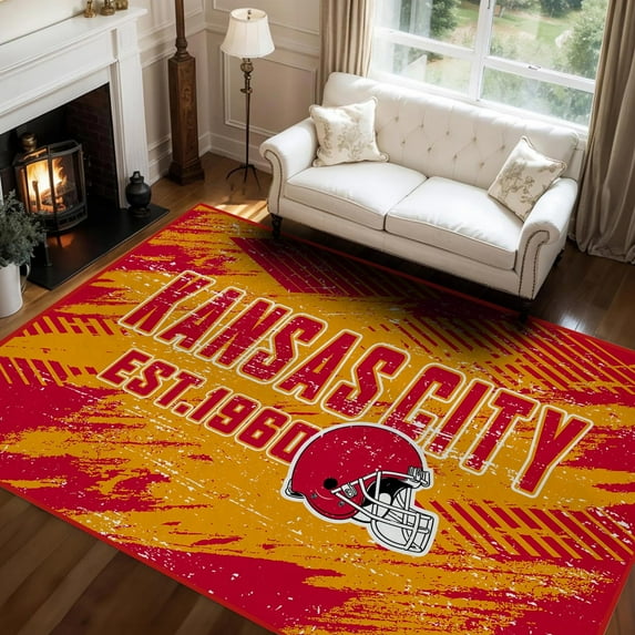 Kansas Football Rugs 5x7 Bedroom Living Room Football Carpet Non-Slip Machine Washable Area Rug for Boys and Man Cave Decor