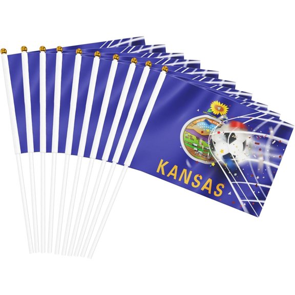Kansas Handheld Flag 10 Pack Small Patriotic Flag with Stick 5x8 Inch Double Sided for Activities