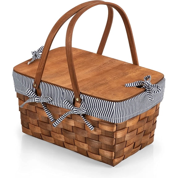 Kansas Handwoven Wood Picnic Basket, Sturdy Woven Wicker Basket with Tabletop Lid and Removable and Washable Polycotton Vintage-Style Liner, (Navy Blue & White Stripe)