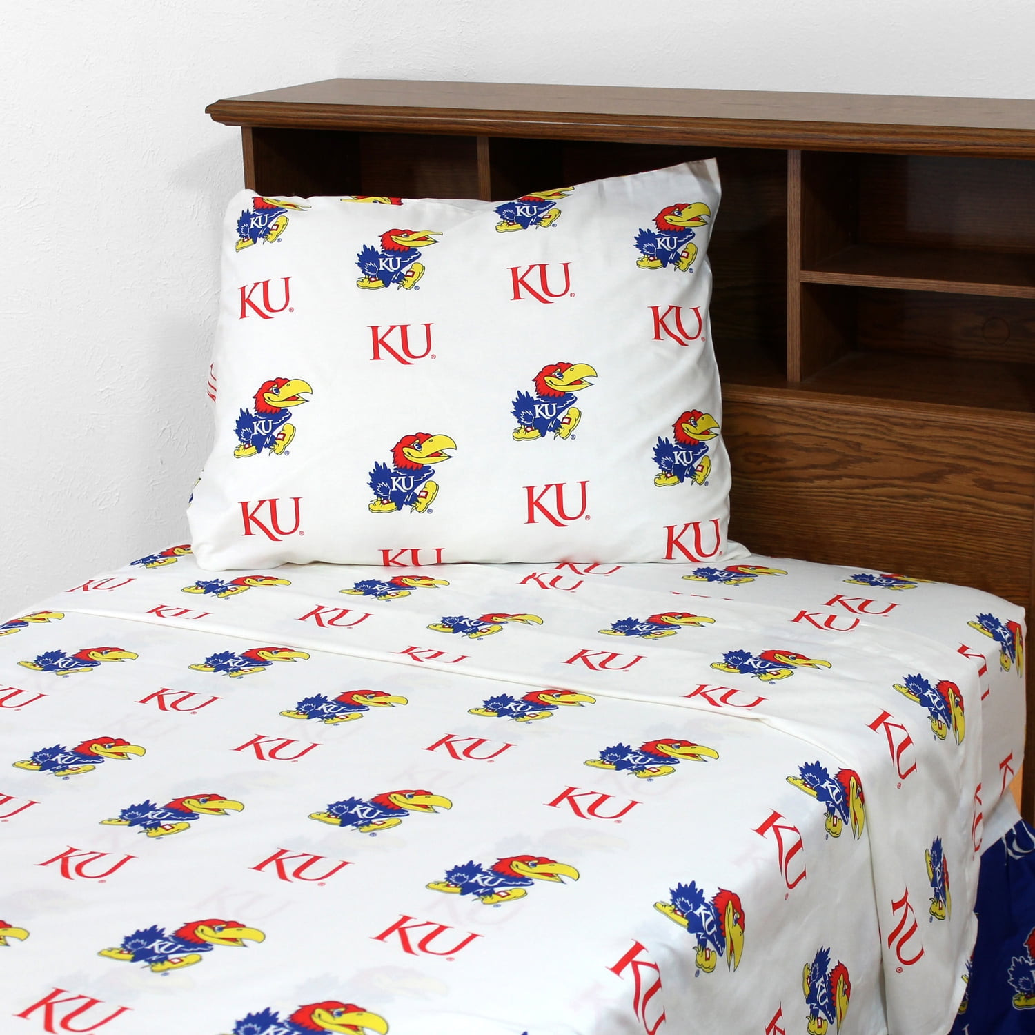 Kansas Jayhawks 100% cotton, 4 piece sheet set - flat sheet, fitted sheet, 2 pillow cases, King, White