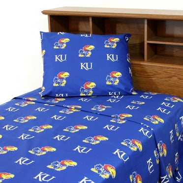 Kansas Jayhawks 100% cotton, 4 piece sheet set - flat sheet, fitted sheet, 2 pillow cases, Queen, Team Colors