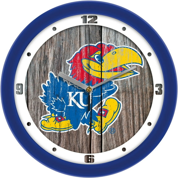 Kansas Jayhawks 11.5'' Suntime Premium Glass Face Weathered Wood Wall Clock