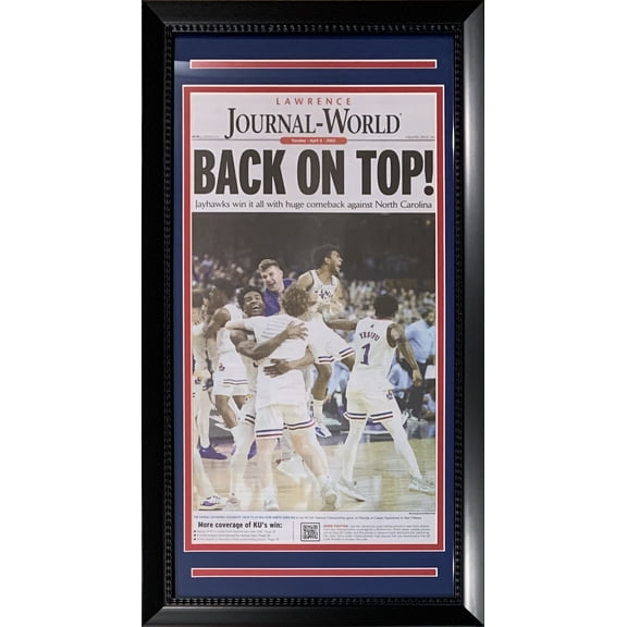 Kansas Jayhawks 2022 NCAA Basketball Champions Lawrence Journal World Original Front Page Framed Newspaper 14x26 GET THE AUTHENTIC VERSION!