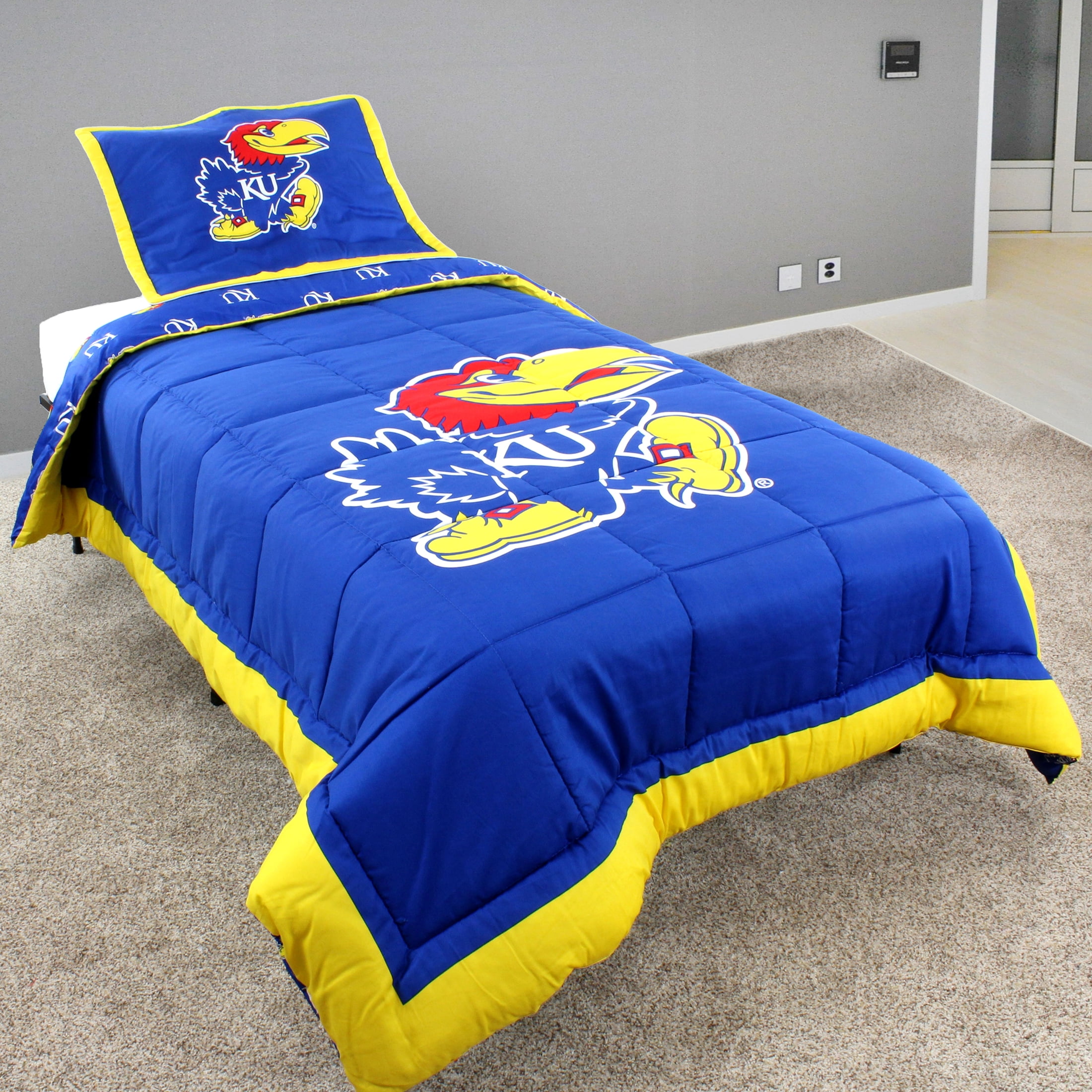 Kansas Jayhawks 3 Pc Reversible Cotton Comforter Set, 1 Comforter, 2 Shams, Queen
