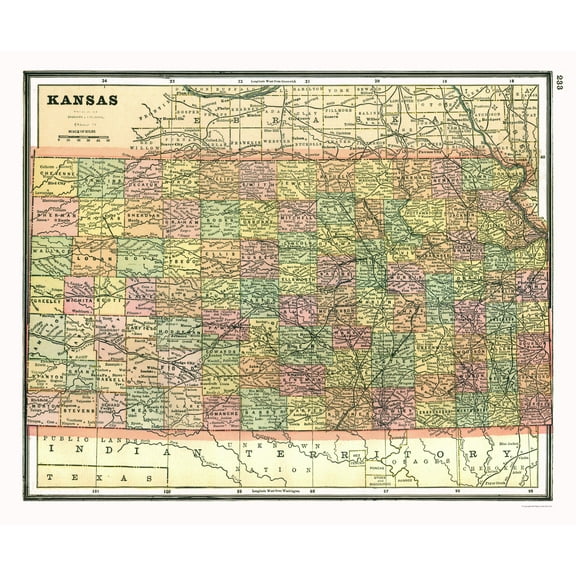 Historic State Map - Kansas - Johnson 1888 - 27.90 x 23 - Vintage Wall Art