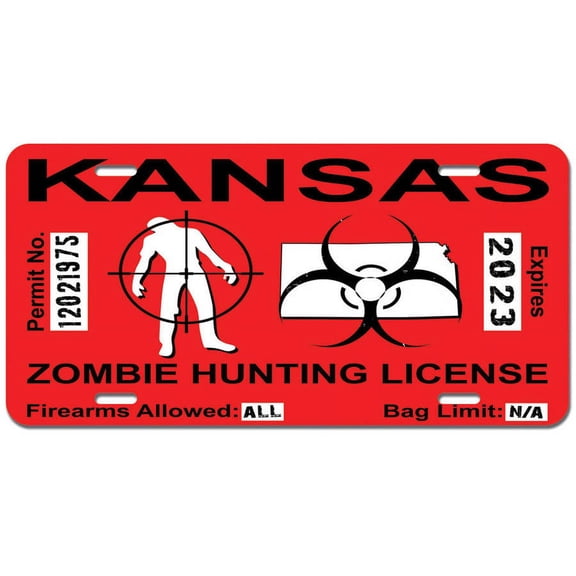 Kansas KS Zombie Hunting License Permit Red - Biohazard Response Team Novelty Metal Vanity License Tag Plate