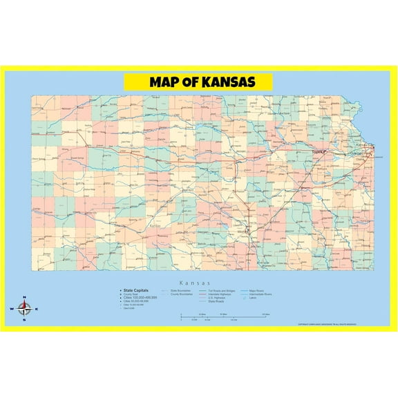 Kansas Map Poster - Laminated Wall Map - Style A - 18x24 - Ideal for Classrooms and Homes – Features Bright Colors and Vivid Imagery