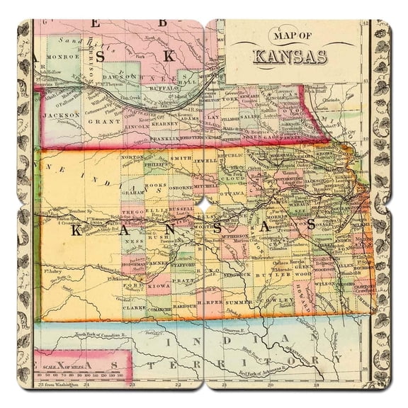 Torched Kansas Old World Map Coaster (Set of 4) Drink Beer Coaster Multicolor