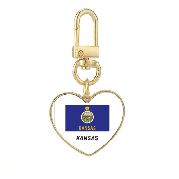 Kansas State Flag Profile Gold Heart Keychain Metal Keyring Holder