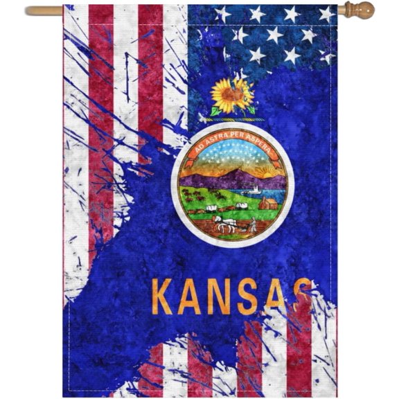 Kansas State US Flag Garden Flag Patriotic Burlap Decorative 28x40 Inch Yard Flags for Outdoor Indoor House Lawn Decor