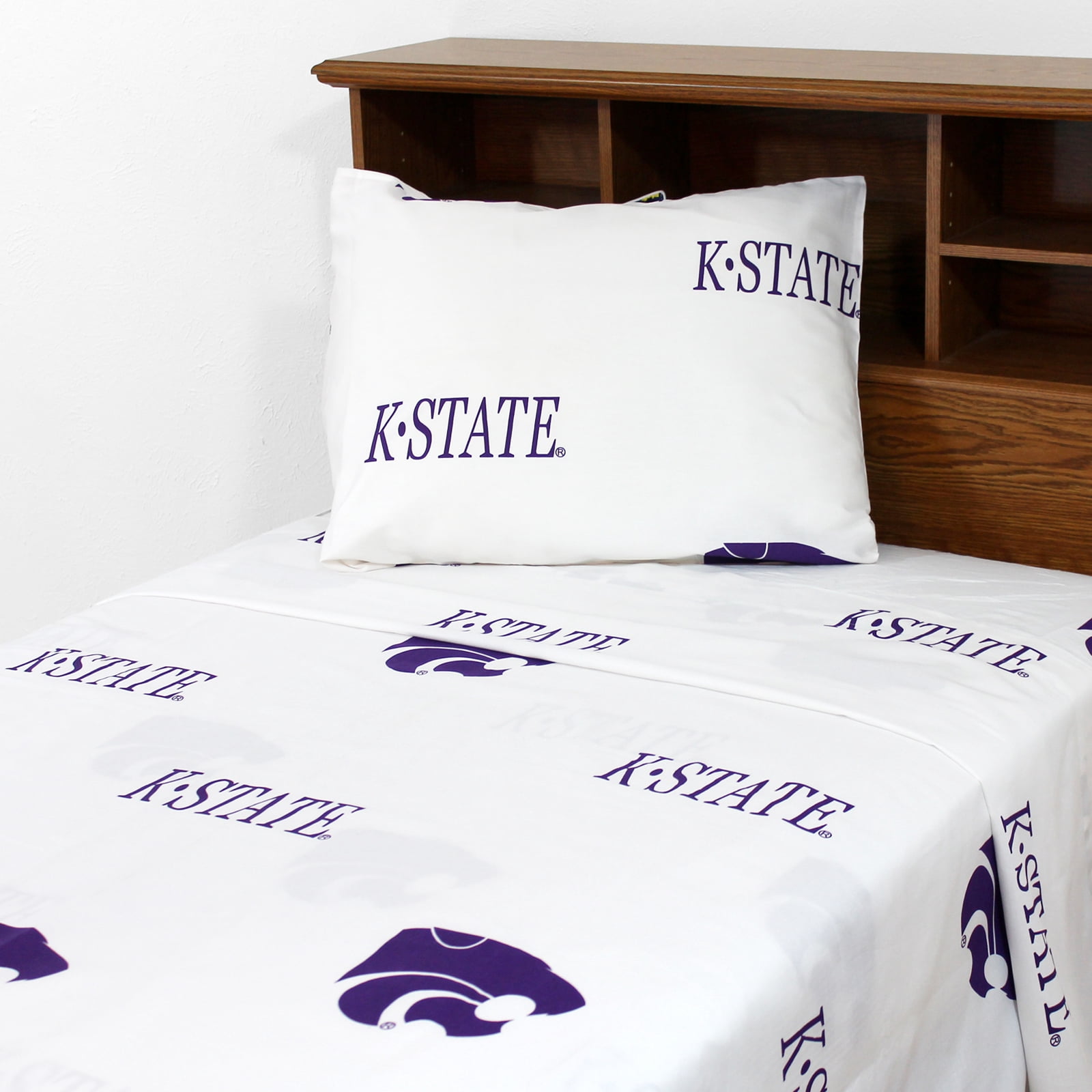 Kansas State Wildcats 100% cotton, 3 piece sheet set - flat sheet, fitted sheet, 1 pillow case, Twin XL, White