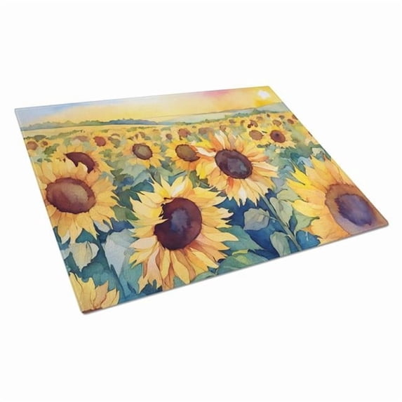 Kansas Sunflowers in Watercolor Glass Cutting Board Large 12 in x 15 in