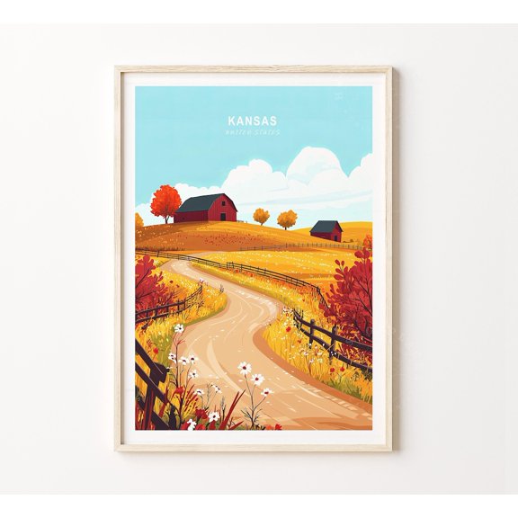 Kansas United States Minimalist Cityscape Wall Art Print, Modern Travel Home Decor
