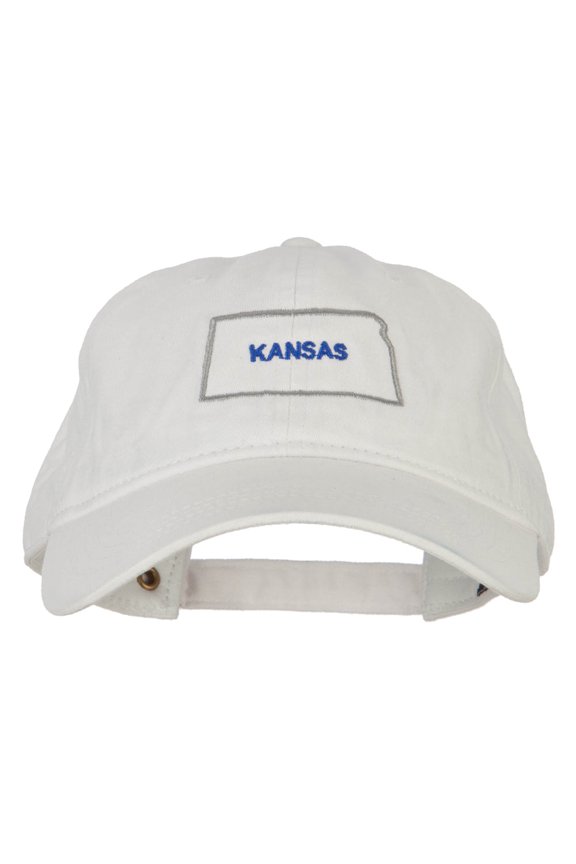 Kansas with Map Outline Embroidered Washed Cotton Twill Cap - White OSFM