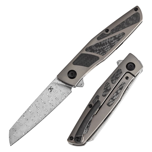 Kansept Cru Folding Pocket Knife 3.46''Damascus Blade,Titanium and Carbon Fiber Handle,K1092A4