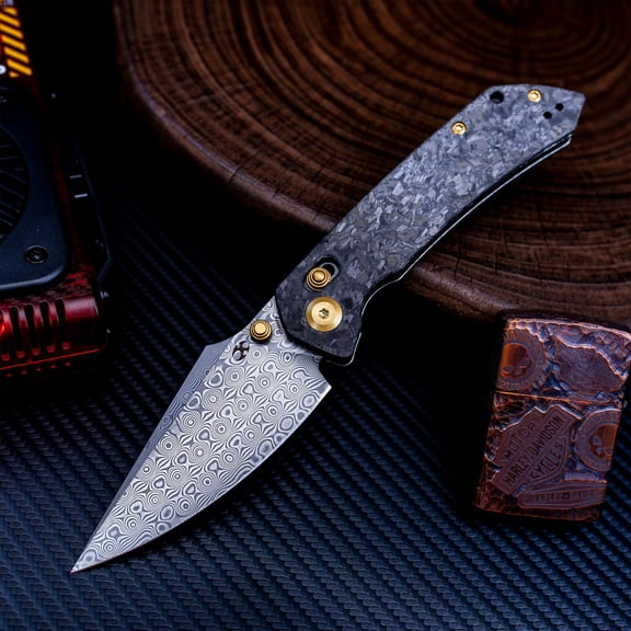 Kansept Fenrir Folding Pocket Knife 3.48'' Damascus Blade,Shred Carbon Fiber Handle,K1034V1