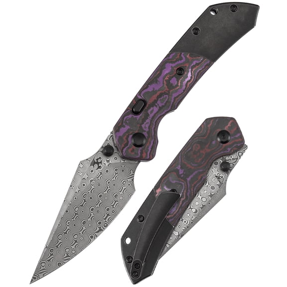 Kansept Fenrir Pocket Knife Damascus Blade,Fatcarbon and Blackwash Titanium,Sparrow Knife Designer,K1034H3