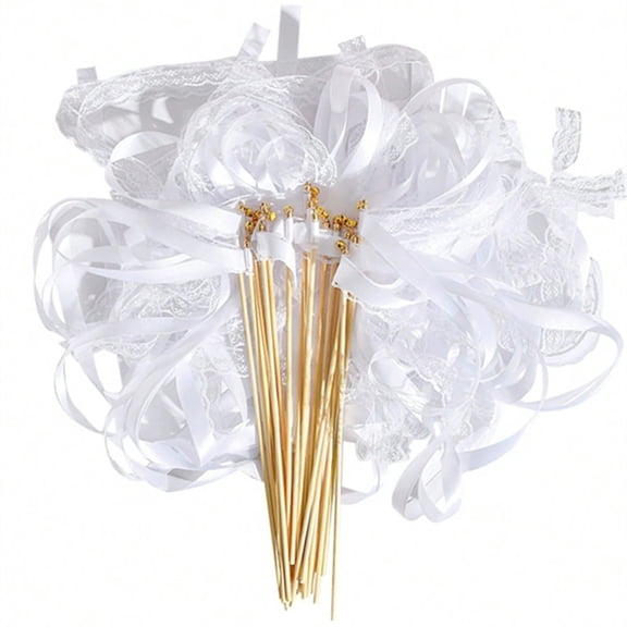 Kansholo Wedding Ribbon Wands, Silk Fairy Streamer Sticks With Triple Ribbon & Gold Bell For Bridal Shower Photo Props,30Pcs,White