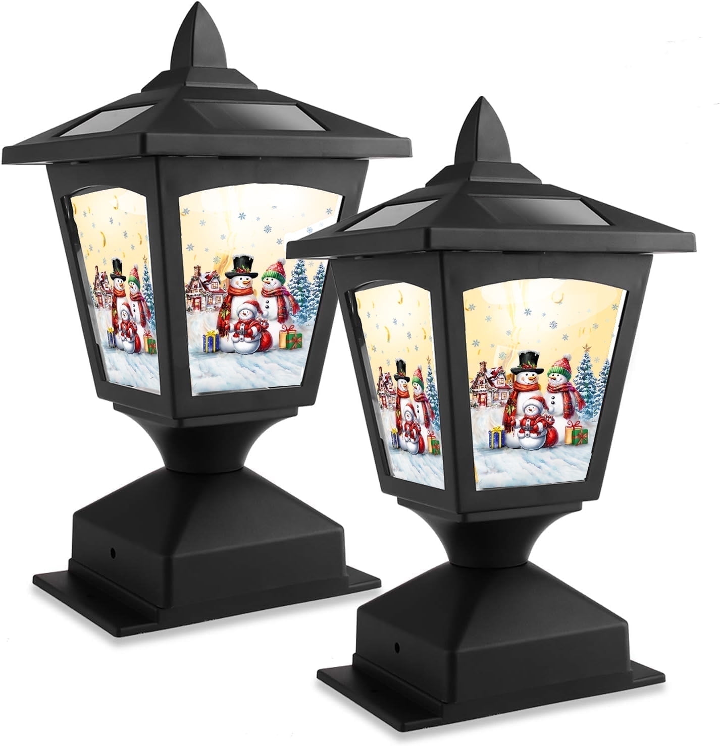Kanstar Christmas Solar Lamp Post Cap Lights Warm LED Dusk to Dawn 2 Pack (Three Snowman Sticker)