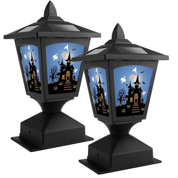 Kanstar 2 Pack Halloween Solar Post Lights Outdoor, Modern Dusk Till Dawn,Cap Fence Light