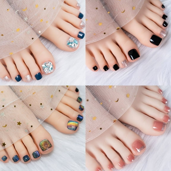 Kanstar 96-Piece French Tip Press-On Nails with Sparkling Rhinestones, Rainbow Cat Eye Punk Style