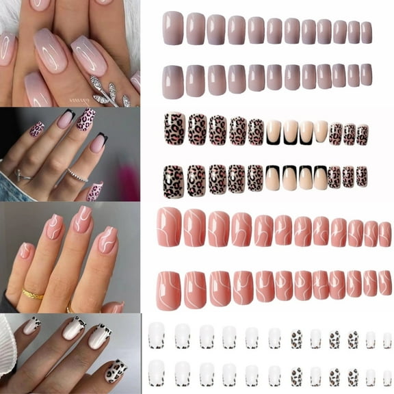 Kanstar Gradient Style Press-On Nails, Short Square Plastic with Pink & Orange Leopard Print, 96 Pieces (for Women & Girl)