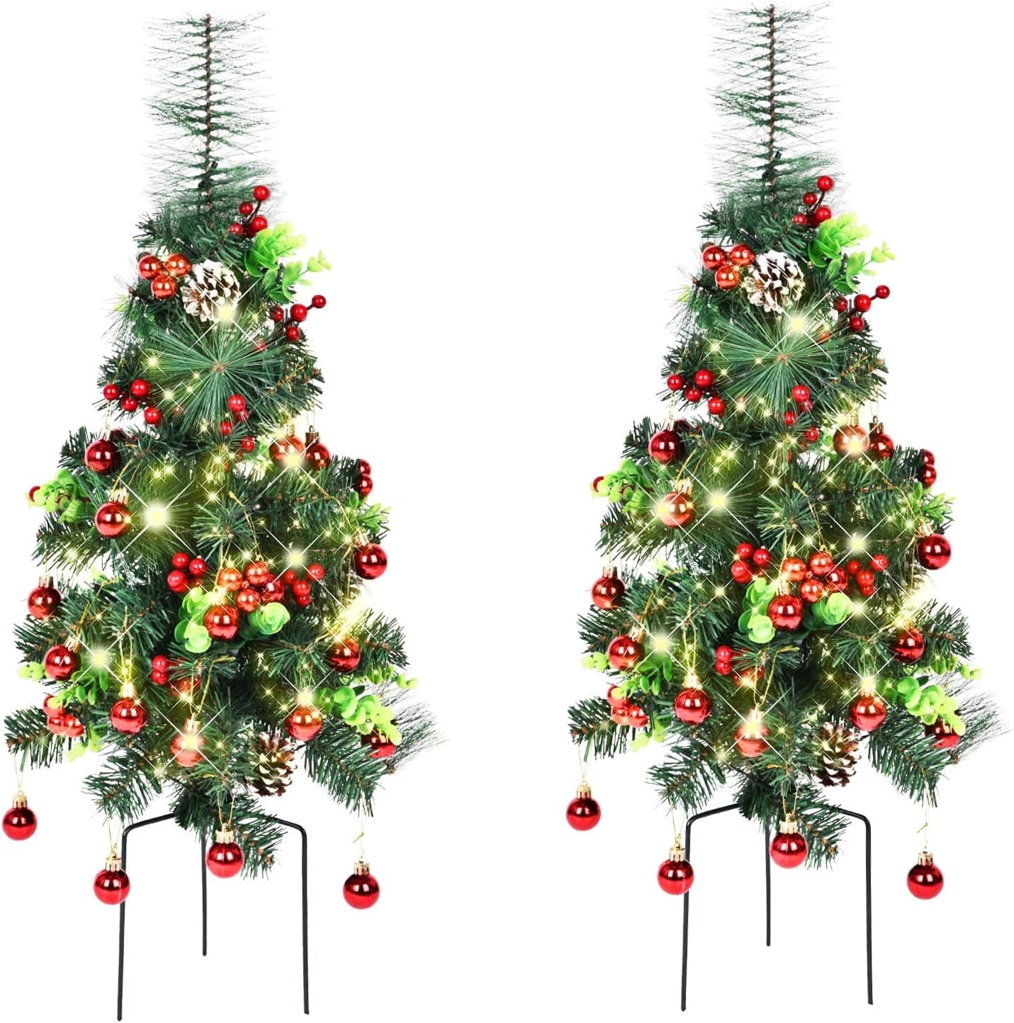 Kanstar Pre-Lit Christmas Trees, 2 Pack, Artificial Urn Filler with 60 LED Lights, Battery Operated