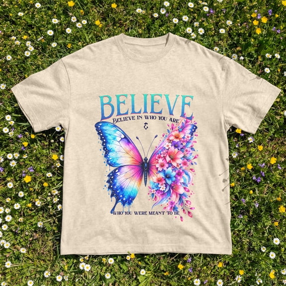 Kantaco Believe Butterfly Floral T-Shirt, Inspirational Graphic Tee, Motivational Gift for Women
