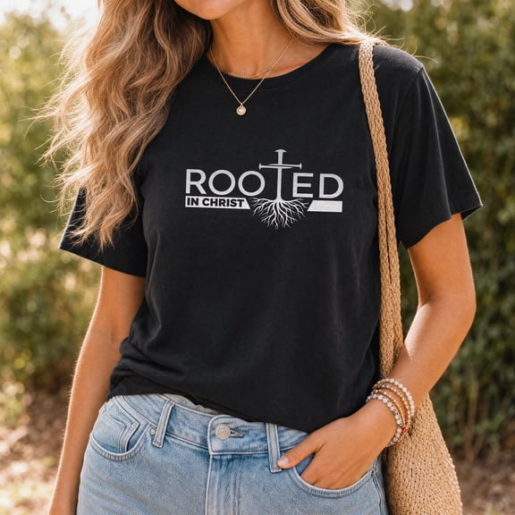 Kantaco Rooted In Christ Christian T-Shirt, Cross Faith Graphic Tee Religious Apparel