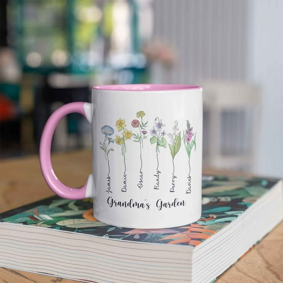 Kantapro Grandma's Garden Mug with Grandkids Names, Custom Birthflower Name Tea Cup, Small Gift for Grandma, Family Name Spring Cups 11Oz