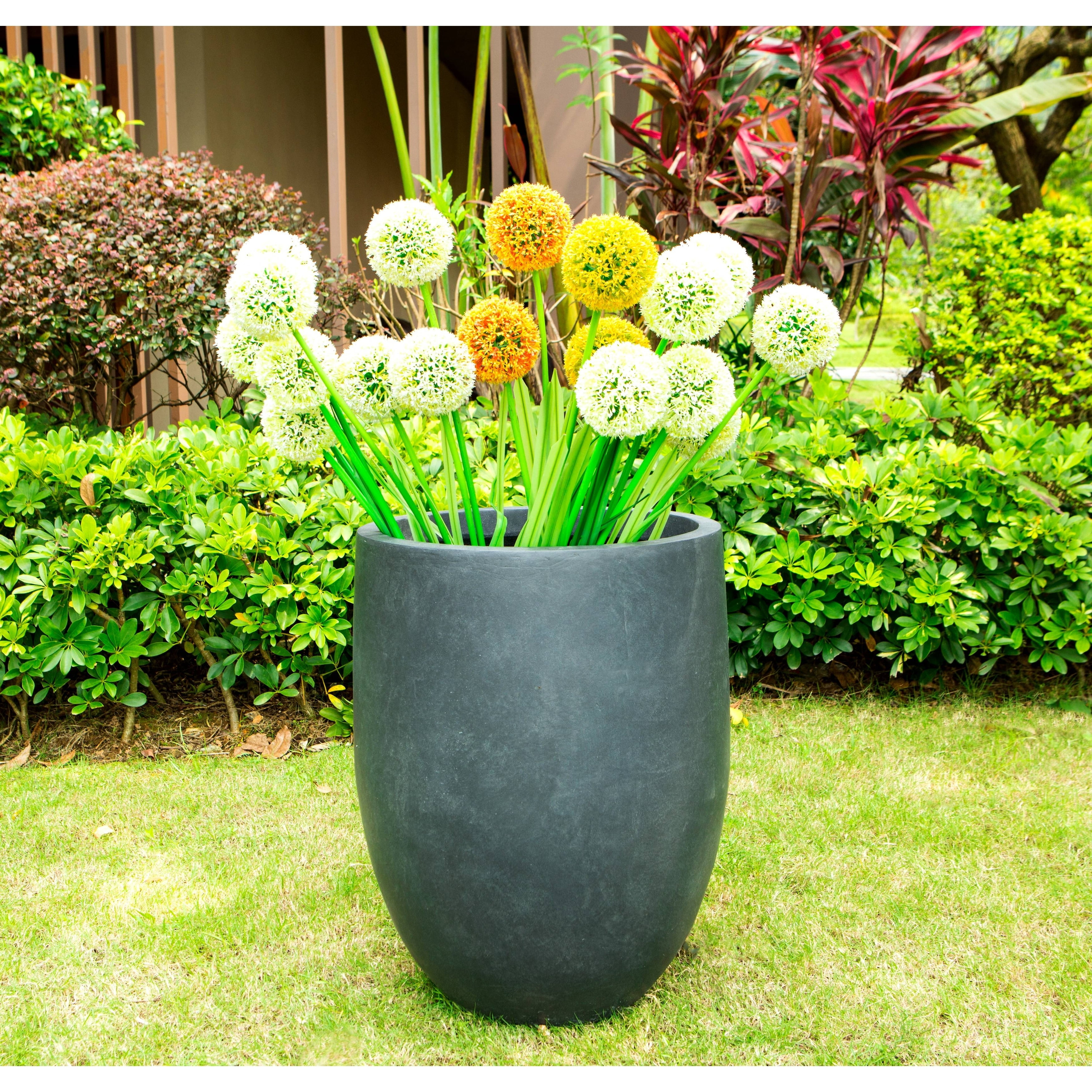 21.7" Tall Round Charcoal Concrete and Fiberglass Planter