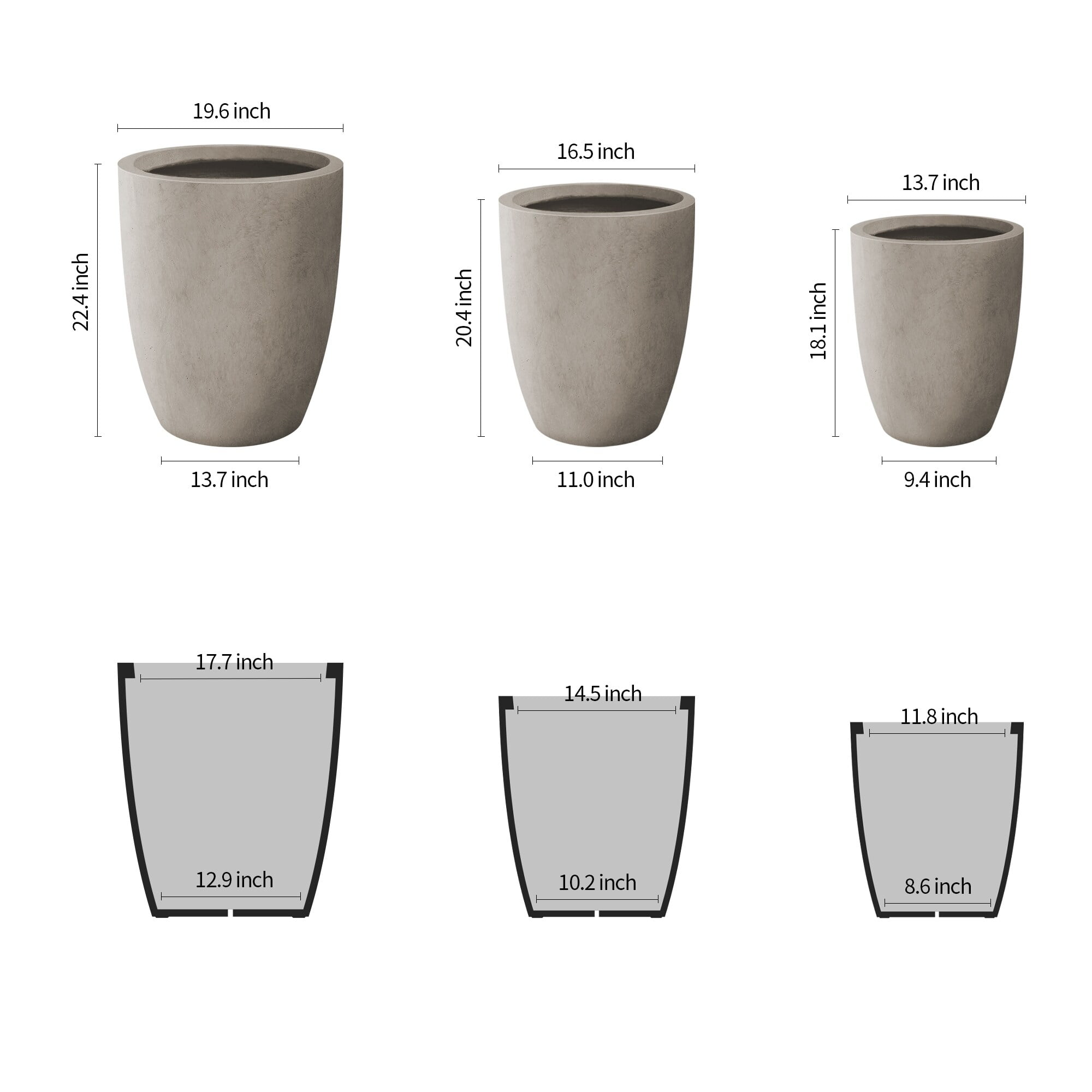 Weathered Gray Tall Round Concrete Planters Set of 3