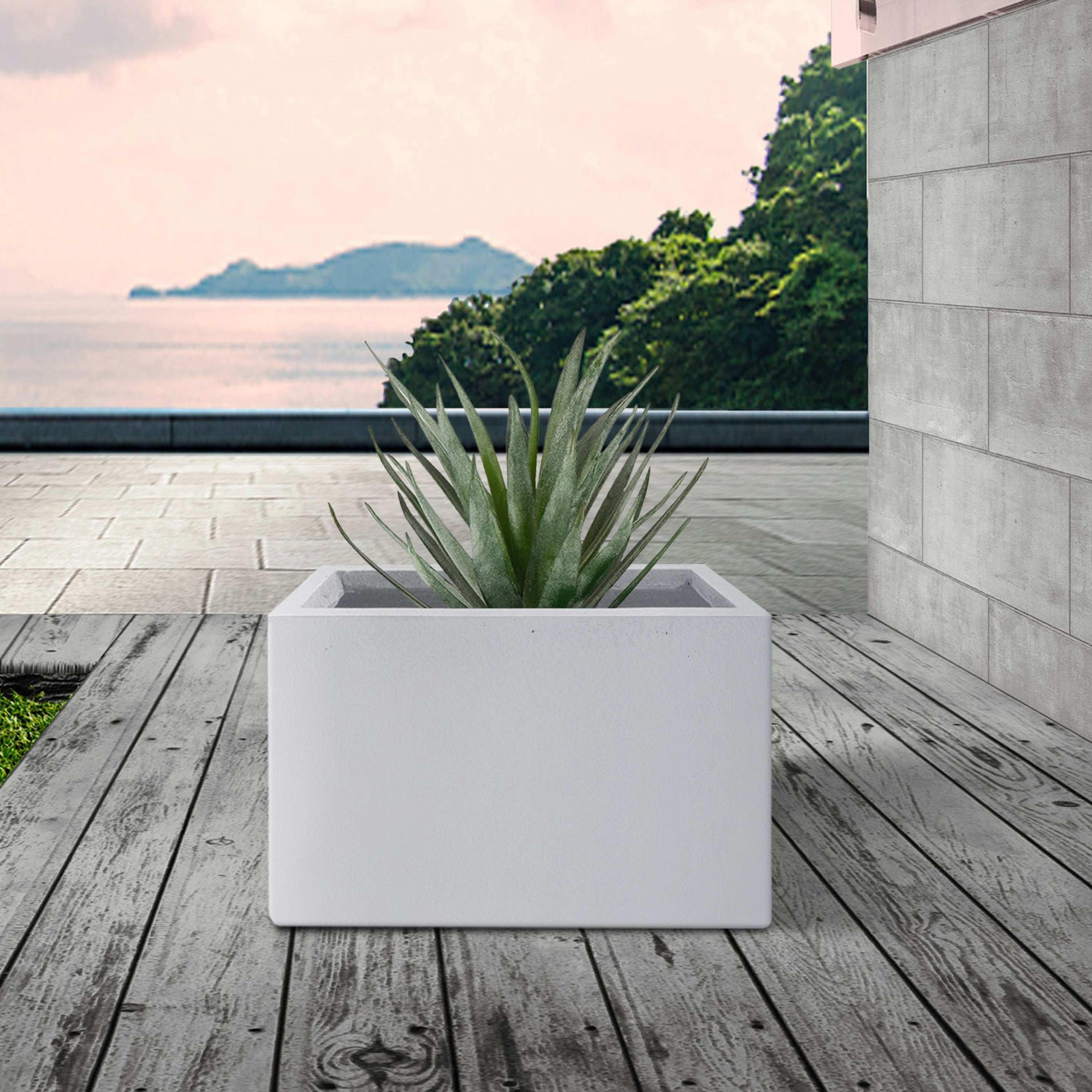 Pure White Rectangular Concrete and Fiberglass Planter with Drainage Hole
