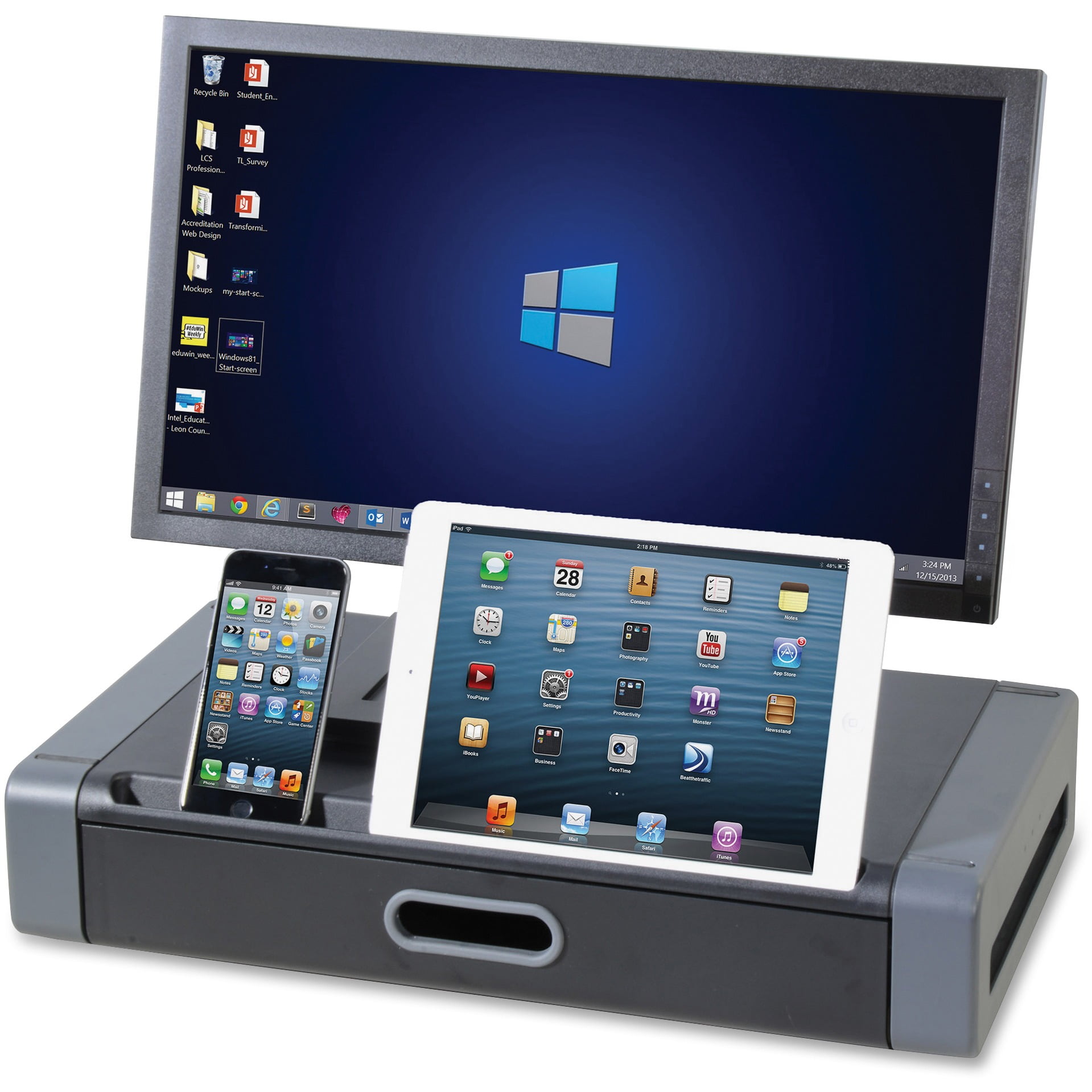 Black and Gray Plastic Monitor Riser with Drawer and Device Slot