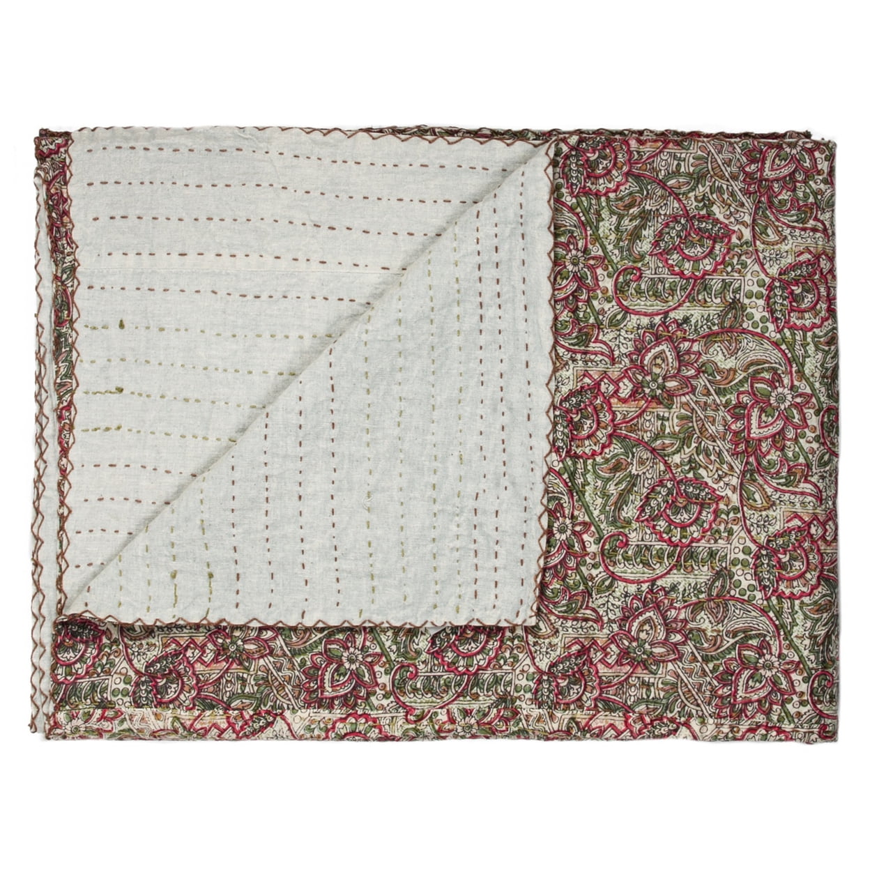 Reversible Kantha Embroidered Cotton Throw Blanket 50" x 70"