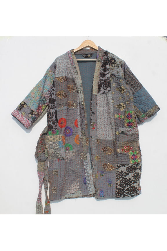 Kantha Patchwork Kimono Jacket  Cotton Handmade Long Coat, Multicolor Boho Outerwear, Hand Stitched Sustainable Fashion