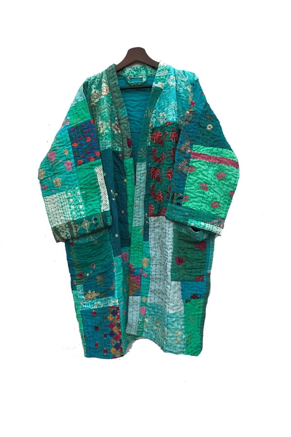 Kantha Patchwork Kimono Jacket for Women  Handmade Cotton Long Coat, Boho Multicolor Artisan Outerwear, Sustainable Fashion