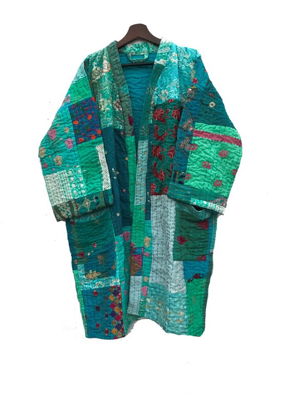 Kantha Patchwork Kimono Jacket for Women Handmade Cotton Long Coat, Boho Multicolor Artisan Outerwear, Sustainable Fashion