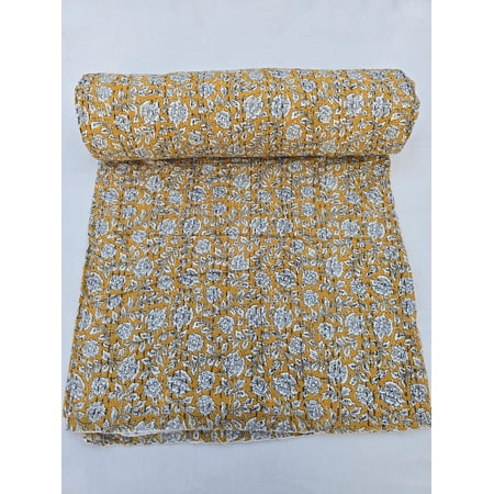 Kantha Quilt Handblock Print Indian Netural Colour floral print Quilt Hand Stitched Natural vegetable dye cotton
