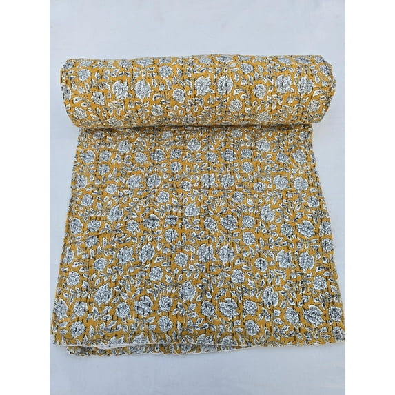 Kantha Quilt Handblock Print Indian Netural Colour floral print Quilt Hand Stitched Natural vegetable dye cotton