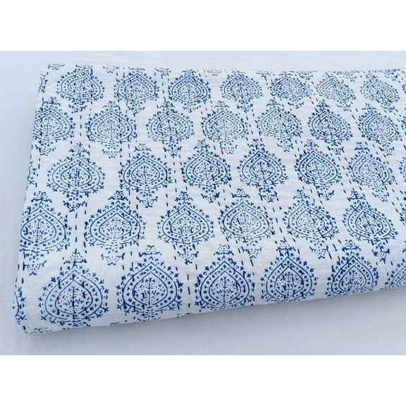 Kantha Quilt Handblock Print Indian Netural Colour floral print Quilt Hand Stitched Natural vegetable dye cotton