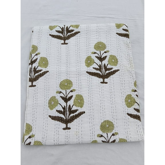 Kantha Quilt Handblock Print Indian Netural Colour floral print Quilt Hand Stitched Natural vegetable dye cotton
