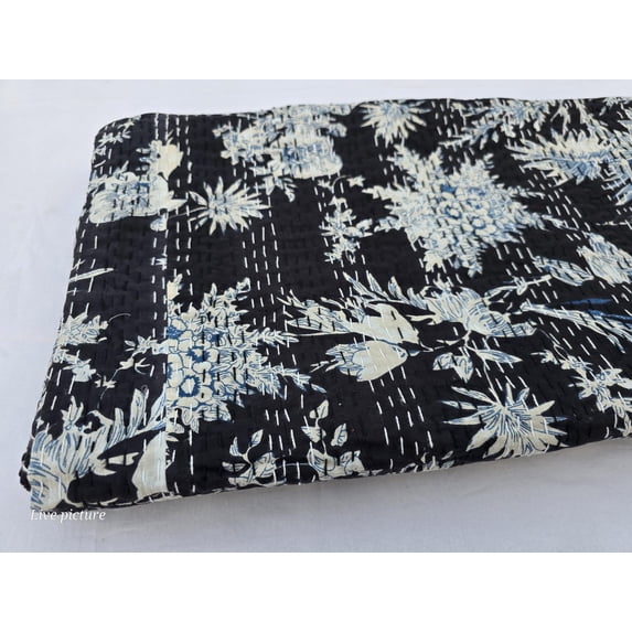 Kantha Quilt Handblock Print Indian Netural Colour floral print Quilt Hand Stitched Natural vegetable dye cotton