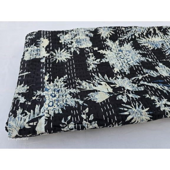 Kantha Quilt Handblock Print Indian Netural Colour floral print Quilt Hand Stitched Natural vegetable dye cotton