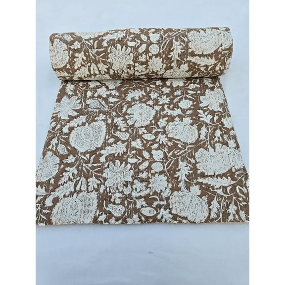 Kantha Quilt Handblock Print Indian Netural Colour floral print Quilt Hand Stitched Natural vegetable dye cotton
