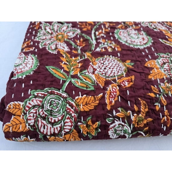 Kantha Quilt Handblock Print Indian Netural Colour floral print Quilt Hand Stitched Natural vegetable dye cotton