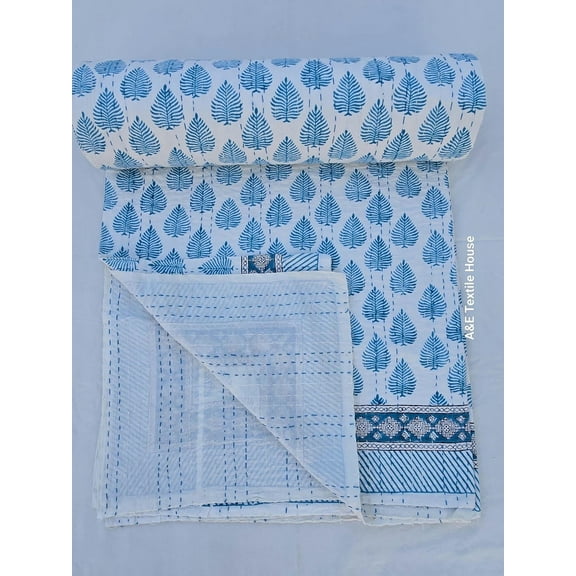 Kantha Quilt Handblock Print Indian Netural Colour floral print Quilt Hand Stitched Natural vegetable dye cotton